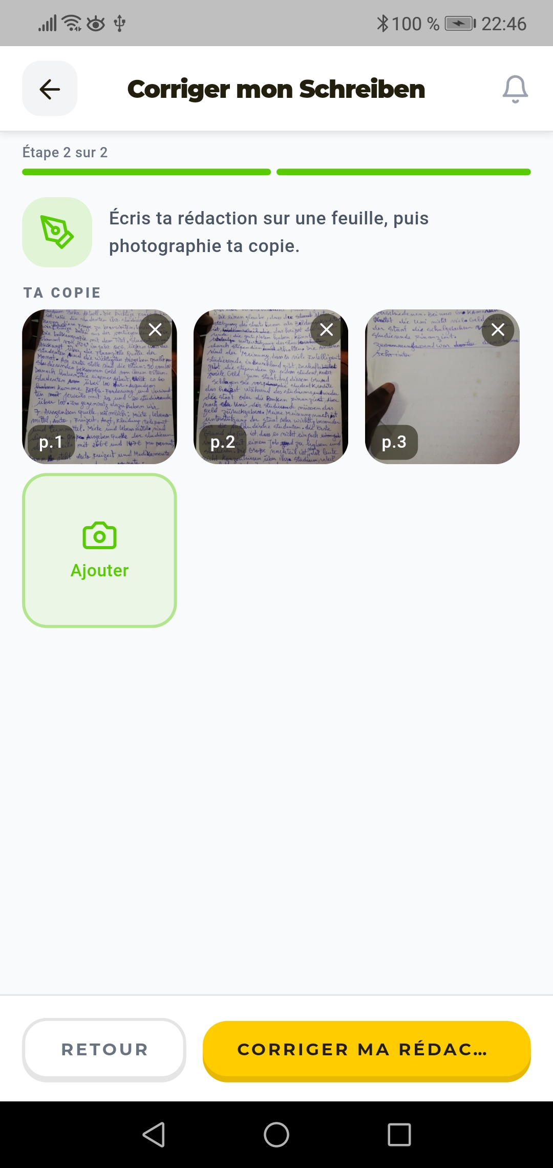 Correction par l'IA d'une copie Schreiben manuscrite photographiée